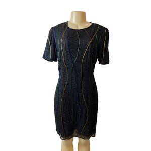 Vintage Styleworks Silk Dress With Colorful Beaded Design & Zipper Closure Sz 12